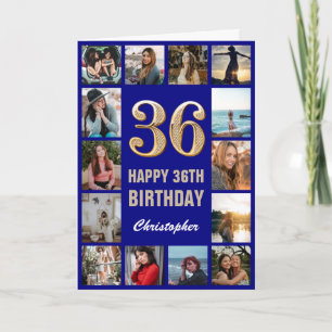 36e Happy Birthday Navy Blue & Gold Photo Collage Kaart