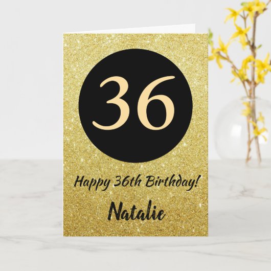 36e Happy Birthday Zwart en Goud Glitter Kaart (Gele Bloem)