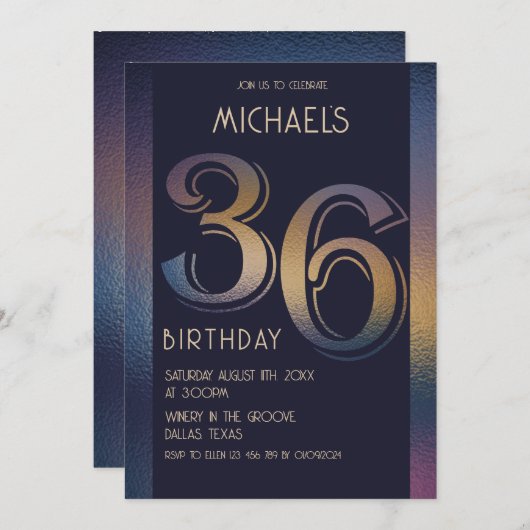 36e moderne donkerpaarse en gouden verjaardag kaart (Voorkant / Achterkant)