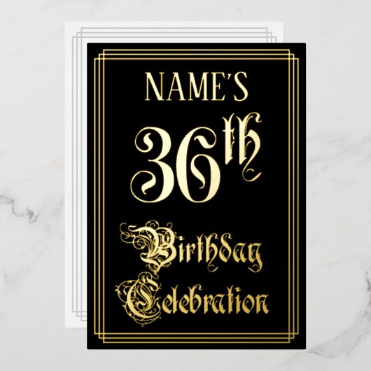 36e verjaardag — Fancy script en aangepaste naam Folie Uitnodiging (Voorkant / Achterkant)