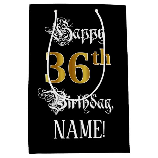 36e verjaardag ~ Fancy script; Faux Gold look; naa Medium Cadeauzakje (Voorkant)