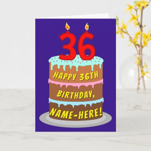 36e verjaardag: leuke cake en kaarsen + eigen naam kaart (Gele Bloem)