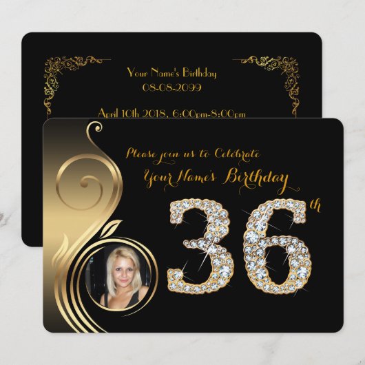 36e, Verjaardag Uitnodiging, Nummer Diamant, Foto  Kaart (Voorkant / Achterkant)