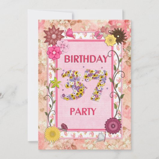 37e anniversaire invitation fête avec cadre fleuri (Devant)