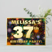 37e Birthday Party — Fun, kleurrijke Fireworks loo Folie Uitnodiging (Staand Voorkant)