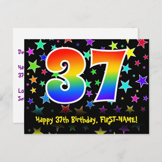 37e verjaardag: Fun Stars Pattern, Rainbow 37, Naa Briefkaart (Voorkant / Achterkant)