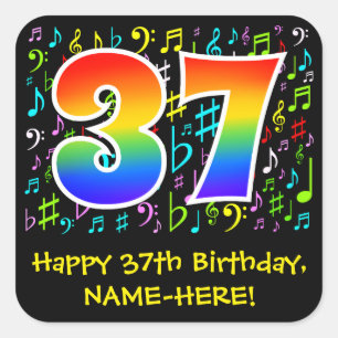 37e verjaardag: Kleurrijke muzieksymbolen, regenbo Vierkante Sticker