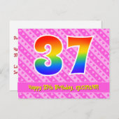 37e verjaardag: roze strepen & harten, regenboog 3 briefkaart (Voorkant / Achterkant)