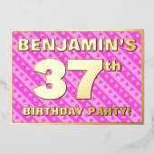 37e verjaardagsfeest — Leuke roze harten en strepe Folie Uitnodiging (Voorkant)