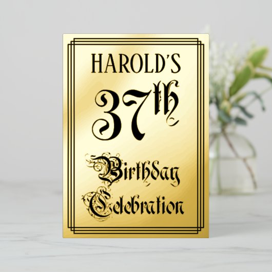 37th Birthday Party — Elegant Script + aangepaste  Folie Uitnodiging (Staand Voorkant)