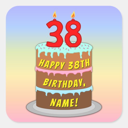 38e verjaardag: Fun Cake and Candles + Custom Name Vierkante Sticker (Voorkant)