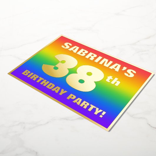 38e verjaardag: Fun, kleurrijk regenboogpatroon Folie Uitnodiging (Gedraaid)