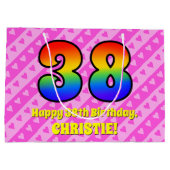 38e verjaardag: Roze strips & harten, regenboognr. Groot Cadeauzakje (Achterkant)