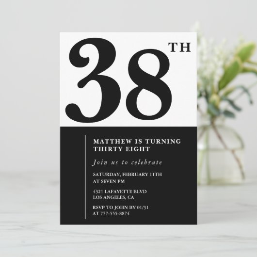 38e verjaardag uitnodigingen Zwart en Wit Elegant (Staand voorkant)