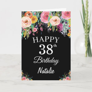 38e Verjaardag Waterverf Bloemen Zwart Kaart