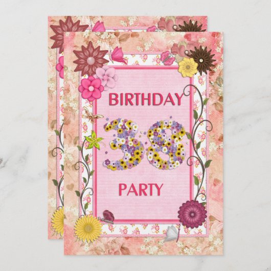 38e verjaardagsfeestje met bloemenfeest lijst kaart (Voorkant / Achterkant)