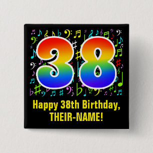 38th Birthday: Colorful Music Symbols, Rainbow 38 Vierkante Button 5,1 Cm