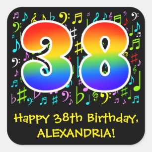 38th Birthday: Colorful Music Symbols, Rainbow 38 Vierkante Sticker