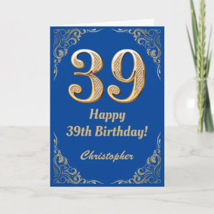 39e Birthday Blue en Gold Glitter Lijst Kaart