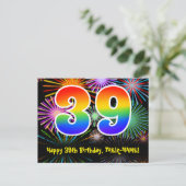 39e verjaardag - Fun Fireworks Pattern + Rainbow 3 Briefkaart (Staand voorkant)