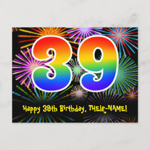 39e verjaardag – leuk vuurwerkpatroon + regenboog  briefkaart