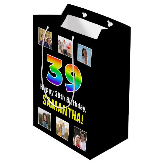 39e verjaardag: Regenboog "39", aangepaste foto's  Medium Cadeauzakje (Achterkant Gekanteld)