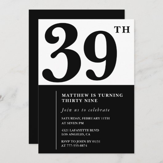 39e verjaardag uitnodigingen Zwart en Wit Elegant (Voorkant / Achterkant)