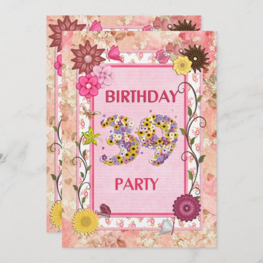 39e verjaardagsfeestje met bloemenfeest lijst kaart (Voorkant / Achterkant)