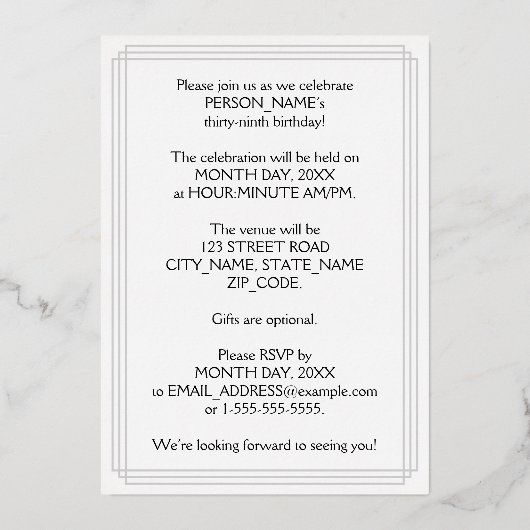 39th Birthday Party — Elegant Script + aangepaste  Folie Uitnodiging (Achterkant)