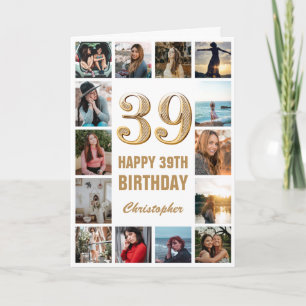 39th Happy Birthday Gold en White Photo Collage Kaart