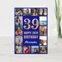 39th Happy Birthday Navy Blue & Gold Photo Collage