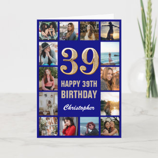 39th Happy Birthday Navy Blue & Gold Photo Collage Kaart