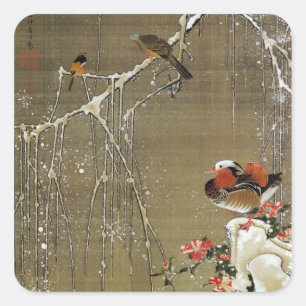 3. 雪 鴛 図, 若 冲 Mandarin Duck in The Snow, Jakuchüu Vierkante Sticker