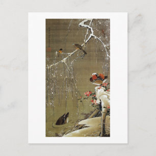 3. 雪 鴛 図, 若 Mandarin Duck in The Snow, Jakuchu Briefkaart