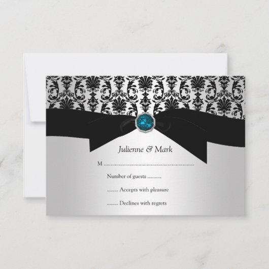 3,5x5 Black Silver Damask Turquoise Jewel RSVP Kaartje (Voorkant)
