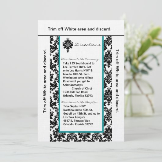 3,5x6 Direction Card Black Blauwgroen Damask Kaart (Staand voorkant)