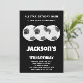 3 Balls Black Soccer Birthday Invitations Kaart (Staand voorkant)