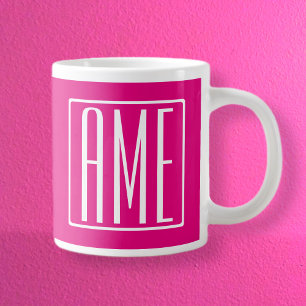 3 Beginletter Monogram Wit Op Heet Roze Extra Grote Beker