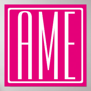 3 Beginletters Monogram Wit Op Heet Roze Poster