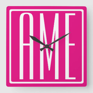 3 Beginletters Monogram Wit Op Heet Roze Vierkante Klok