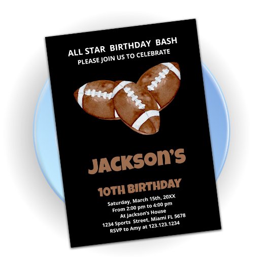 3 Black Brown Football Invitations d'anniversaire
