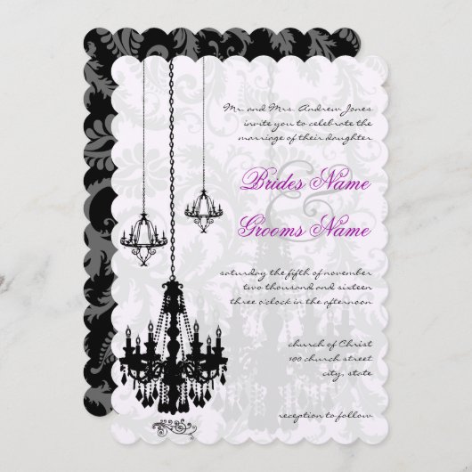 3 Black Chandeliers Shadow Damask Wedding Kaart (Voorkant / Achterkant)