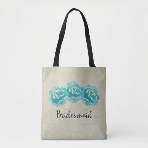 3 Blauwgroen Waterverf Rozen op Tan Damask Bridesm Draagtas