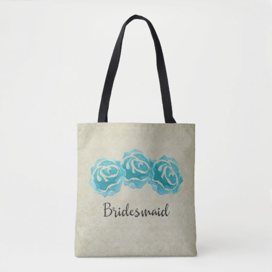 3 Blauwgroen Waterverf Rozen op Tan Damask Bridesm Draagtas (Voorkant)