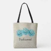 3 Blauwgroen Waterverf Rozen op Tan Damask Bridesm Draagtas (Achterkant)