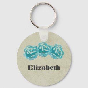 3 Blauwgroen Waterverf Rozen op Tan Damask Custom Sleutelhanger