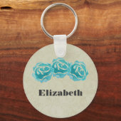3 Blauwgroen Waterverf Rozen op Tan Damask Custom Sleutelhanger (Voorkant)