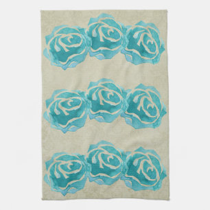 3 Blauwgroen Waterverf Rozen op Tan Damask Patroon Theedoek