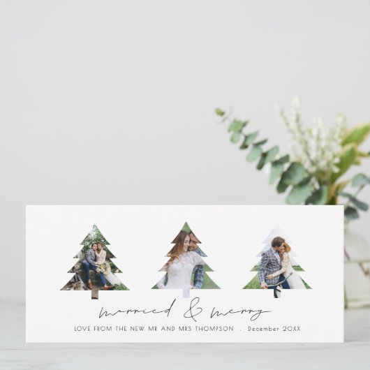 3 Boom Vorm Foto's Getrouwd en Vrolijk Kerstmis Feestdagenkaart (Staand voorkant)