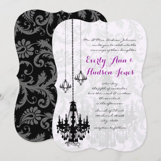 3 Chandeliers Noirs Invitations de Mariage Shadow  (Devant / Derrière)